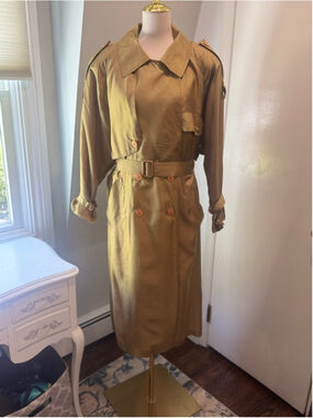 Vintage Silk Trench Coat Gold Bronze olive Iridescent Belted Duster Women’s L